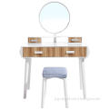 Mid Century Modern Dressing Table Desk with Cushioned Stool and Big Round Mirror